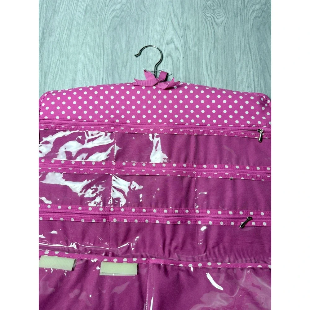 Pink Polka Dot Hanging Jewelry Organizer Travel Storage Bag Clear Zipper Pockets